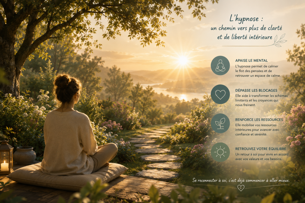 Jardin intĂ©rieur symbolisant lâapaisement Ă©motionnel et le travail thĂ©rapeutique en hypnose