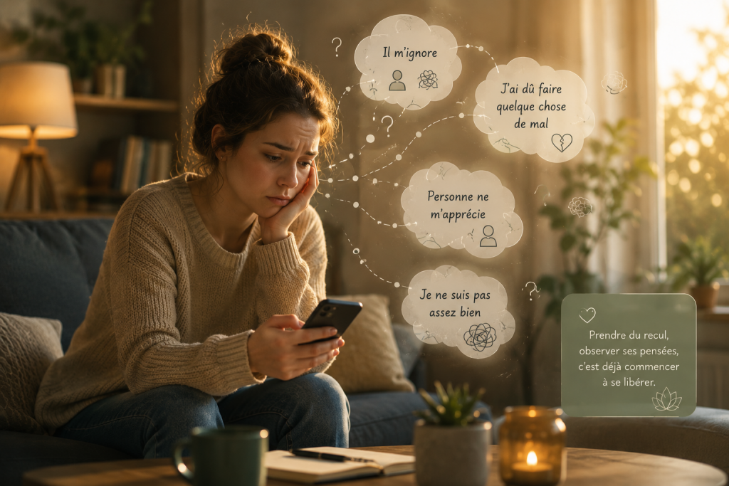 Femme anxieuse interprétant un message sans réponse à travers des pensées automatiques et des distorsions cognitives