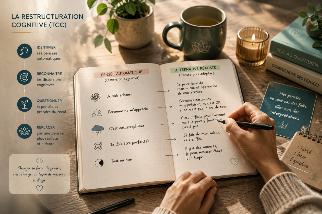 Carnet de restructuration cognitive utilisé en TCC pour transformer les pensées automatiques