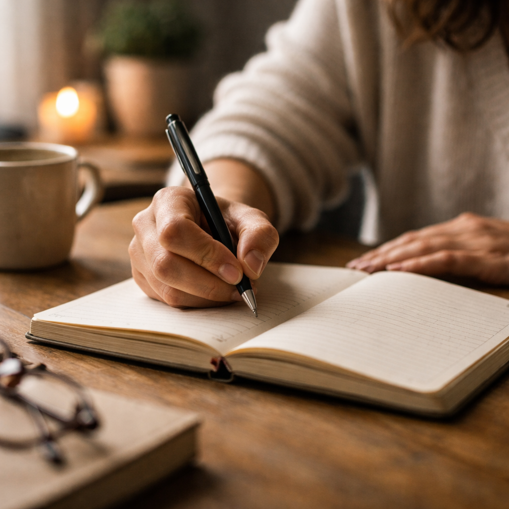 Main écrivant dans un carnet, symbolisant la réflexion et la tentative de comprendre ce qui se passe