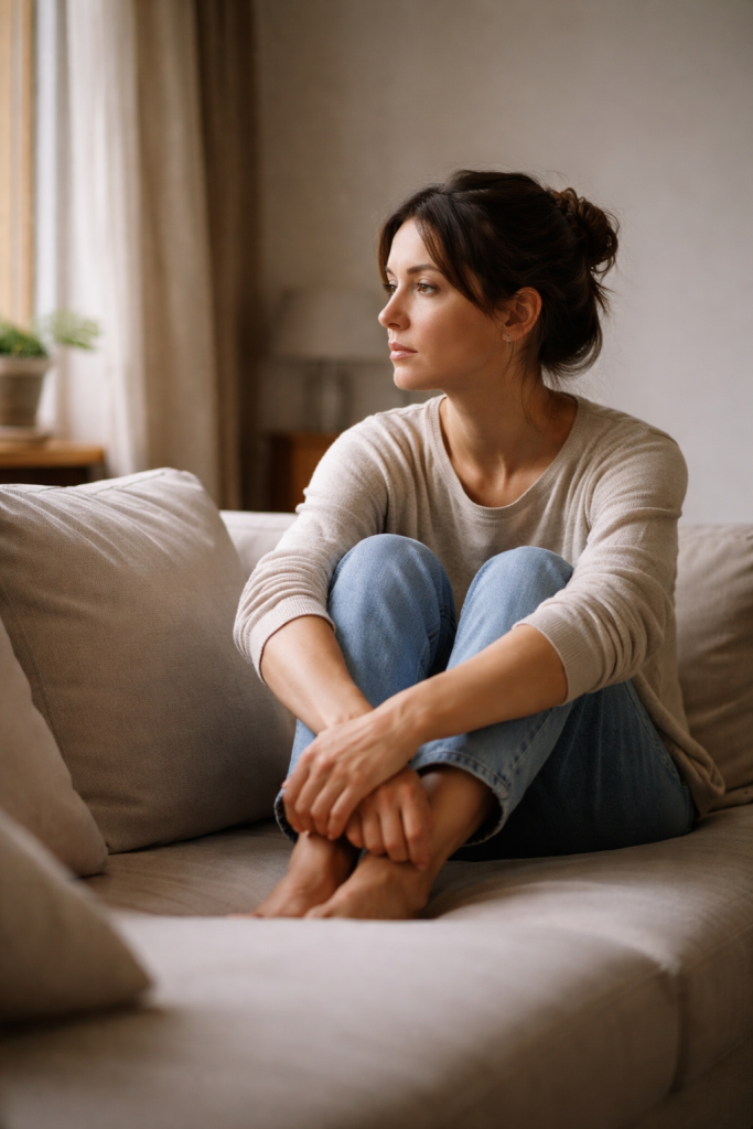 Personne assise immobile, exprimant une fatigue intérieure malgré la compréhension