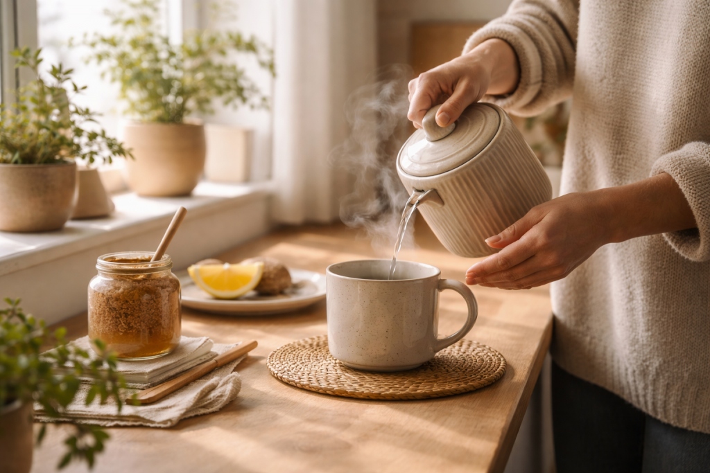 Geste simple du quotidien dans un environnement familier et apaisant