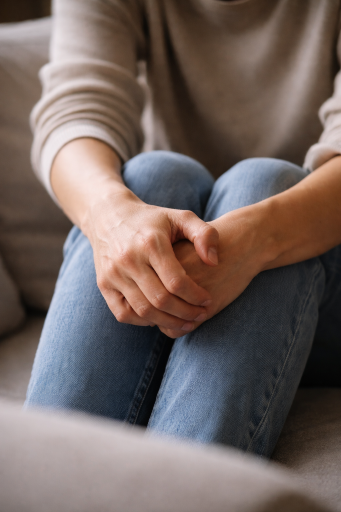 Détail du corps exprimant une tension discrète et une vigilance silencieuse