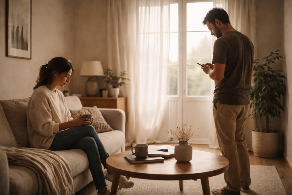 Deux personnes dans un même espace sans interaction, suggérant une présence sans ajustement relationnel