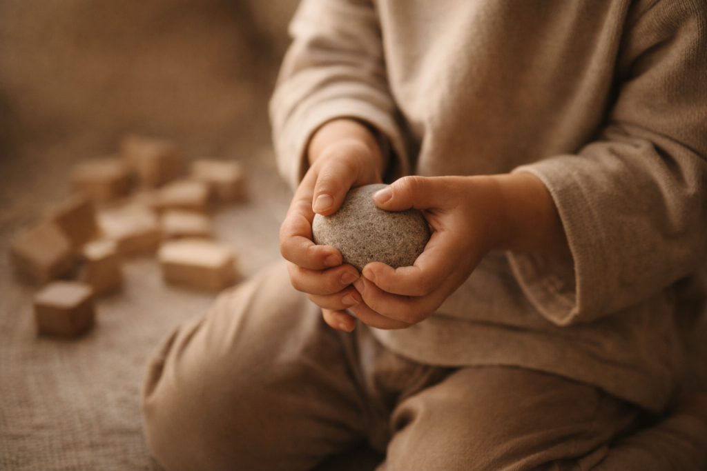 Mains d’enfant tenant un objet simple, symbolisant la construction intérieure et l’adaptation précoce