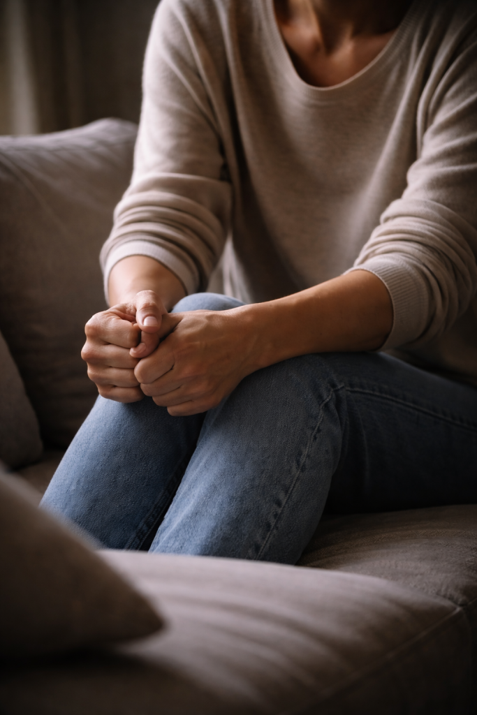 Posture corporelle rigide évoquant l’effort et la contrainte intérieure