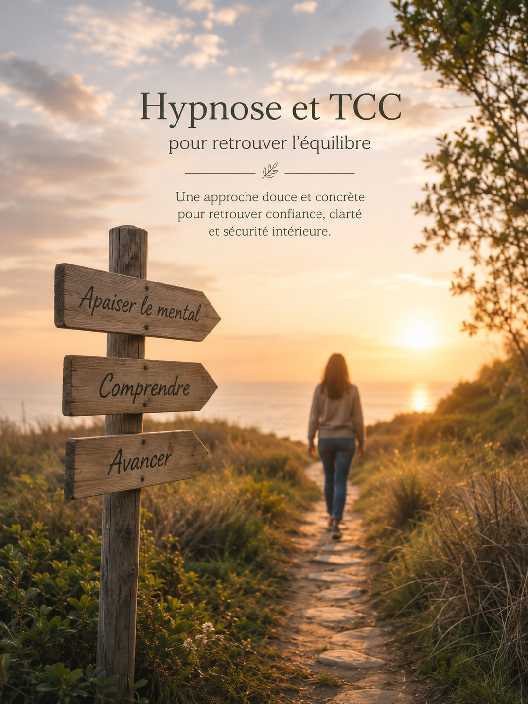 Une femme avance sur son chemin vers le coucher de soleil dans une ambiance apaisante, en suivant la direction d'un accompagnement TCC et Hypnose : apaiser le mental, comprendre, avancer