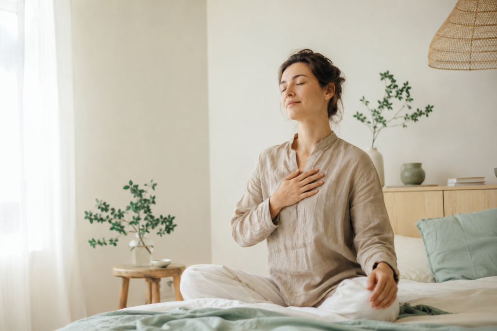 Le système peur-alarme peut être apaisé de différentes façon. Sur cette photo, une femme en position du lotus se ressource en mettant une main sur le coeur. Son visage est apaisé. Elle prend le temps de ressentir ce qui se passe à l'intérieur.