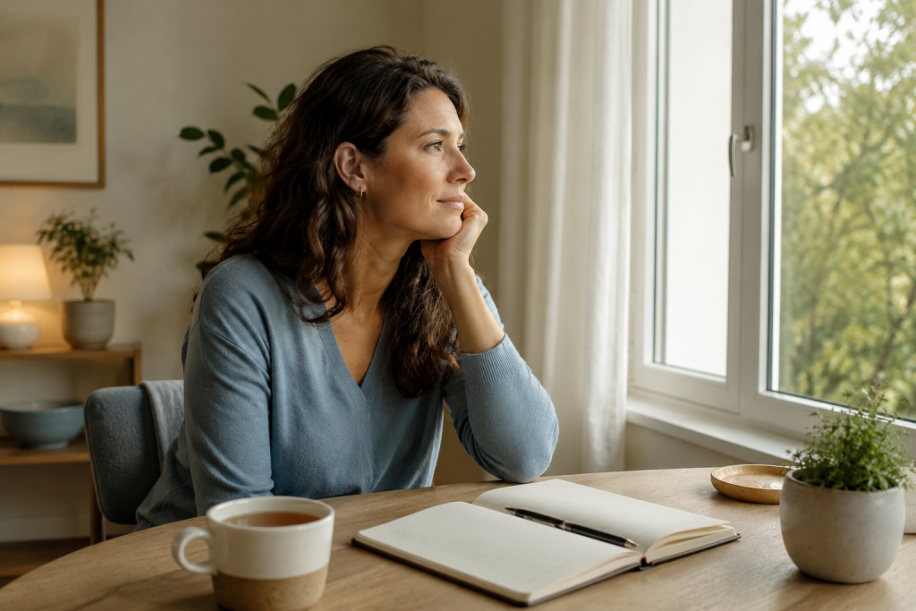 Personne apaisée face à une lumière douce, symbolisant les TCC pour apaiser l’anxiété et les ruminations