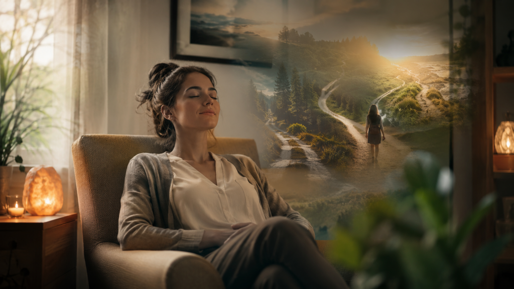 Transformation intérieure et hypnose Illustration photographique poétique et réaliste d’une personne assise confortablement dans un fauteuil, les yeux fermés, dans un cabinet chaleureux. Autour d’elle, des reflets légers et naturels suggèrent plusieurs chemins possibles qui se rejoignent progressivement.