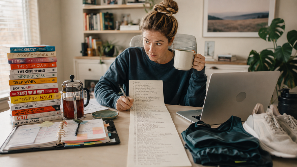 Une personne à son bureau entourée de livres de développement personnel, d’un agenda surchargé, d’une tenue de sport, d’une tasse de thé, d’un ordinateur et d’une liste interminable d’objectifs. Son expression est à la fois déterminée et dépassée. L’image évoque avec bienveillance la pression contemporaine à tout réussir.