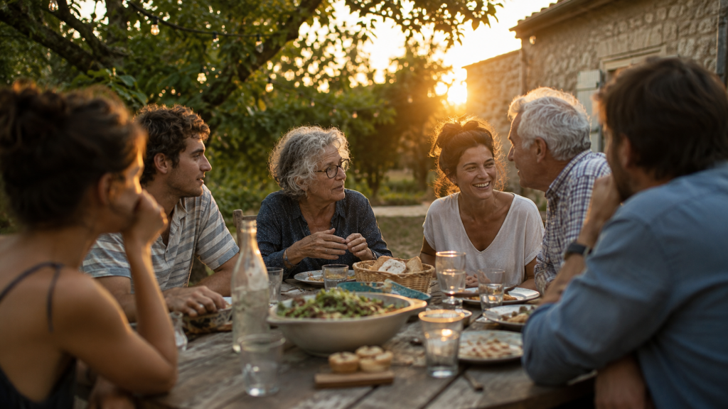 un petit groupe d’adultes de différents âges partageant un repas simple autour d’une table en bois. Les échanges sont authentiques, certains écoutent, d’autres rient doucement. L’image évoque la qualité du lien, la transmission et la présence plutôt qu’une réussite matérielle.